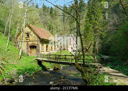 Deutschland, Baden-Württemberg, Löffingen-Bachheim, die Gauchachschlucht am Naturfreundehaus und Wanderheim Burgmühle im Naturschutzgebiet Wutachschlu Stockfoto