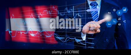 Geschäftsmann berühren Datenanalyse Prozesssystem mit KPI Finanzdiagramme, Dashboard von Aktien und Marketing auf virtuelle Schnittstelle. Mit Österreich Flagge Stockfoto