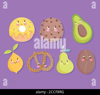 Lila Hintergrund mit frischen Donut Cookie Avocado Birne Zitrone und Brezel Cartoon Symbole Vektor Illustration Stock Vektor