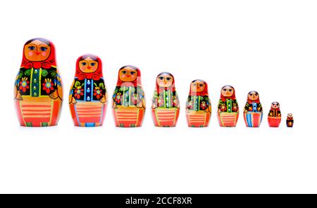 Matroschka Puppen isoliert auf weißem Hintergrund Stockfoto