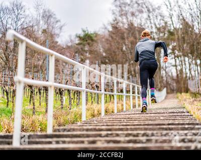 Mann, 30 Jahre alt, Joggen auf dem Kappelberg, Remstal, Baden-Württemberg, Deutschland Stockfoto