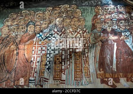 Gruppe von Kirchenvätern, Fresko aus dem späten Mittelalter, Narthex der St. Nikolaus-Kirche im georgisch-orthodoxen Kloster Qinzwissi, Inner Cart Stockfoto