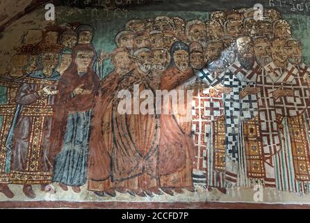 Gruppe von Kirchenvätern, Fresko aus dem späten Mittelalter, Narthex der St. Nikolaus-Kirche im georgisch-orthodoxen Kloster Qinzwissi, Inner Cart Stockfoto