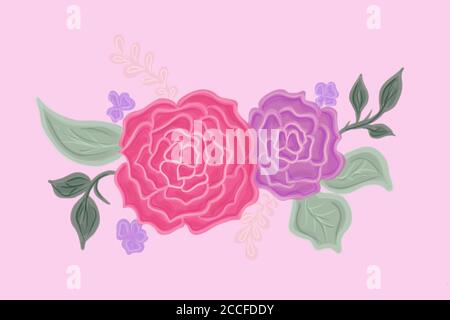 Handgezeichnet gemalte Blumen, Blätter und Zweig isoliert auf rosa Hintergrund. Illustration für Design, Druck oder Hintergrund. Stockfoto