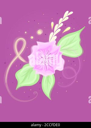Handgezeichnet gemalte Blumen, Blätter und Zweig isoliert auf violettem Hintergrund. Illustration für Design, Druck oder Hintergrund. Stockfoto