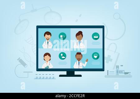 Online-Arzt-Service mit Arzt auf Computer-Monitor flaches Design vektorgrafik Stock Vektor