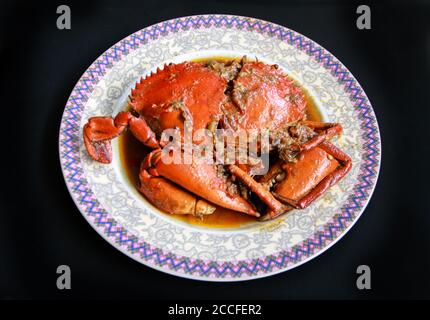 Krabbe in Padang-Sauce oder Padang-Krabbe (indonesisch: Kepiting saus Padang) auf schwarzem Hintergrund. Stockfoto