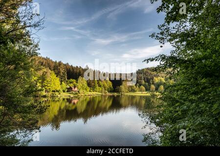 Erbach, Hessen, Deutschland. Blick auf den Marbachsee im Odenwald im Frühjahr. Stockfoto