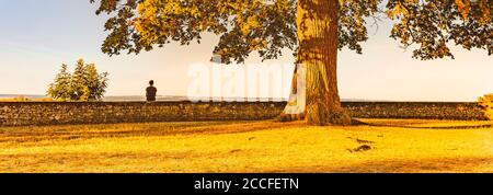 Frau, die im Herbst auf einer Mauer sitzt Stockfoto