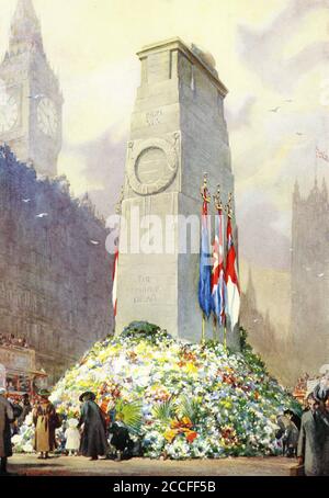 Halbton des Cenotaphs, errichtet in Whitehall für gefallene britische Soldaten aus dem Ersten Weltkrieg. Aus der Geschichte des Großen Krieges. Stockfoto