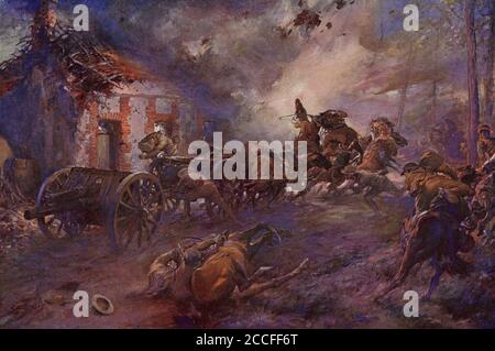 Halbton der britischen Artillerie in Aktion unter Beschuss im Ersten Weltkrieg. Stockfoto