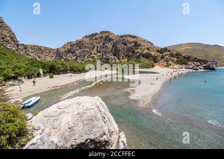 Blick über den Palmenstrand von Preveli im Sommer, Zentral Kreta, Griechenland Stockfoto