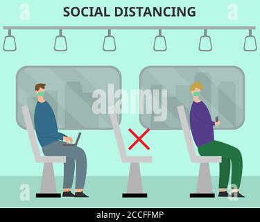 Illustration Vektor Design der sozialen Distanzierung im öffentlichen Verkehr. Vermeidung des Virus für neue normale Aktivitäten Stock Vektor