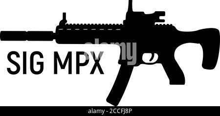 Maschinenuntermaschine Silhouette Militärgun mit Schalldämpfer, Symbol Selbstverteidigung automatische Waffe Konzept einfache schwarze Vektor-Illustration, isoliert auf weiß. Shoo Stock Vektor