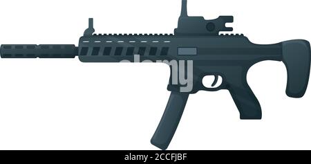 Untermaschine Militärgun mit Schalldämpfer, Symbol Selbstverteidigung automatische Waffe Konzept Cartoon Vektor-Illustration, isoliert auf weiß. Schießgewehr, Prot Stock Vektor
