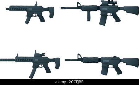 Satz von Untermaschine Militärgewehr und Gewehr, Symbol Selbstverteidigung automatische Waffe Konzept Cartoon Vektor-Illustration, isoliert auf weiß. Aufnahmeinstrume Stock Vektor