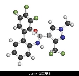 Fluxapyroxad Fungizid-Molekül. 3D-Rendering. Atome werden als Kugeln mit herkömmlicher Farbkodierung dargestellt: Wasserstoff (weiß), Kohlenstoff (grau), Nitro Stockfoto