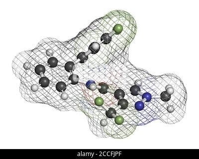 Fluxapyroxad Fungizid-Molekül. 3D-Rendering. Atome werden als Kugeln mit herkömmlicher Farbkodierung dargestellt: Wasserstoff (weiß), Kohlenstoff (grau), Nitro Stockfoto