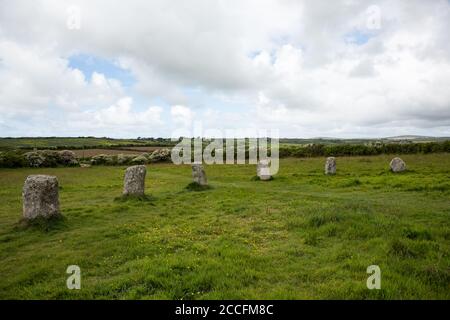 Prähistorische Steinkreis genannt die Merry Maidens in der Nähe von Penzance, Cornwall Großbritannien Stockfoto