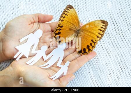 Spendenkonzept, Hand, Papierfamilie und Schmetterling Stockfoto