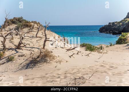 Elafonisi Halbinsel am Strand von Elafonissi mit rosa Sand, südwestlich von Kreta, Griechenland Stockfoto