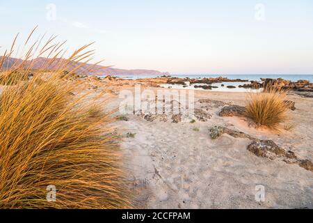 Elafonissi Strand mit rosa Sand bei Sonnenuntergang, Südwest Kreta, Griechenland Stockfoto