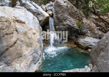 Wasserbecken mit türkisklarem Wasser auf der Samaria Gorge Wanderung, Westkreta, Griechenland Stockfoto