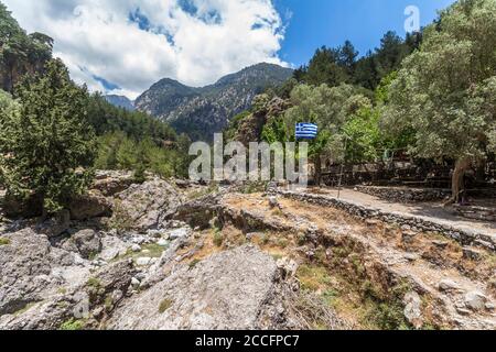 Blick auf das Erholungsgebiet Samariá auf Samaria Schlucht Wanderung, West Kreta, Griechenland Stockfoto