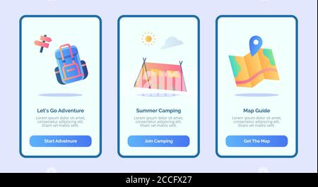Let's go Abenteuer Sommer Camping Karte Guide für mobile Apps Vorlage Banner-Seite UI mit drei Variationen modernen flachen Farbstil. Stock Vektor