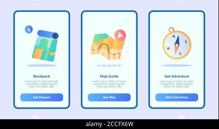Rucksack-Karte Führer Holen Sie sich Abenteuer für mobile Apps Vorlage Bannerseite UI mit drei Variationen modernen flachen Farbstil. Stock Vektor