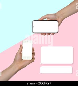 Telefon. Frau und Mann Hände hält die Smartphones weißen Hintergrund. Veraltetes Modell und moderne rahmenlose Design-Smartphones Stockfoto