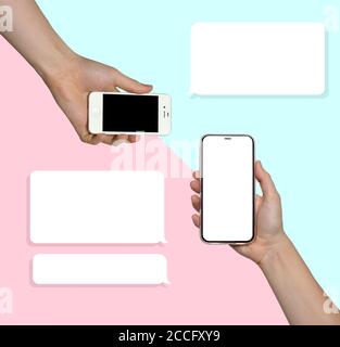 Telefon. Frau und Mann Hände hält die Smartphones weißen Hintergrund. Veraltetes Modell und moderne rahmenlose Design-Smartphones Stockfoto