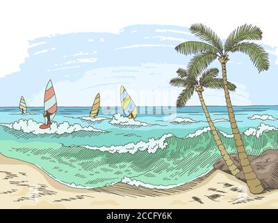 Meer Windsurfen Grafik Farbe Seascape Skizze Illustration Vektor Stock Vektor
