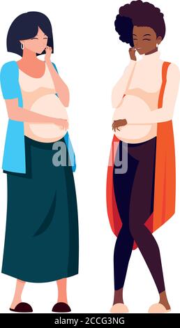Schwarze Haare und schwarze schwangere Frauen Cartoons Design, Bauch Schwangerschaft Mutterschaft und Mutter Thema Vektor-Illustration Stock Vektor