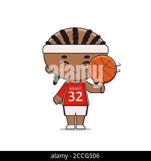Niedliche Basketball Spieler Charakter mit Ball. Design isoliert auf weißem Hintergrund. Design isoliert auf weißem Hintergrund. Stockfoto