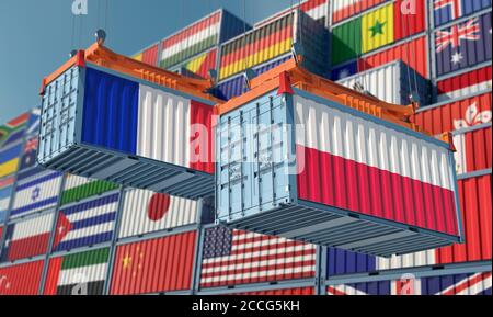 Frachtcontainer mit Polen und Frankreich Flagge. 3D-Rendering Stockfoto