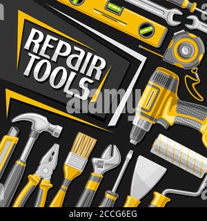 Vektor-Poster für Reparaturwerkzeuge, quadratische dekorative Schild mit Abbildung von verschiedenen professionellen Stahl-Reparatur-Tools, Kunst-Design-Konzept mit uni Stock Vektor