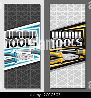 Vektorlayouts für Arbeitswerkzeuge mit Kopierfläche, dekorative Broschüre mit Darstellung verschiedener Arbeitswerkzeuge aus Stahl für den Arbeitstag, vertikales Schild w Stock Vektor