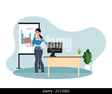 Geschäftsfrau Cartoon mit Computer auf dem Schreibtisch und Infografik Board Design, Business Mode und Management Thema Vektor Illustration Stock Vektor