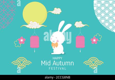 Mitte Herbst Festival Hintergrund mit glücklichen Kaninchen und Dekoration. Poster und Banner. Stock Vektor