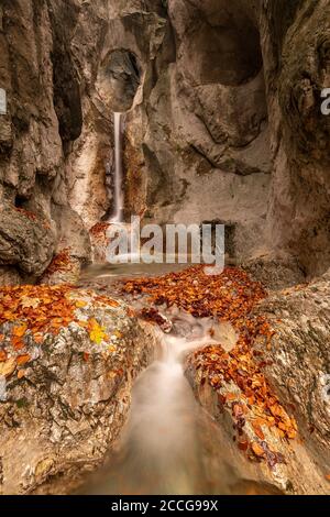 Ein kleiner Bach auf dem Kesselberg bei Kochel am See mit einem Durchbruch im Felsen und Wasserfall im Herbst. Stockfoto