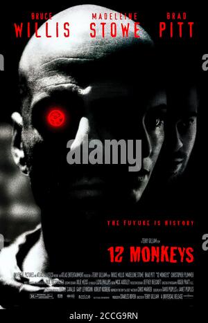 Twelve Monkeys (1995) unter der Regie von Terry Gilliam mit Bruce Willis, Madeleine Stowe, Brad Pitt und Jon Seda. Ein Gefangener aus dem Jahr 2035 reist in die Zeit zurück, um zu versuchen, den Ausbruch des Virus zu verhindern, der den größten Teil der Menschheit auslöscht. Stockfoto