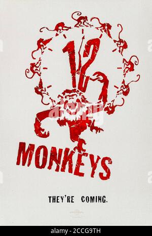 Twelve Monkeys (1995) unter der Regie von Terry Gilliam mit Bruce Willis, Madeleine Stowe, Brad Pitt und Jon Seda. Ein Gefangener aus dem Jahr 2035 reist in die Zeit zurück, um zu versuchen, den Ausbruch des Virus zu verhindern, der den größten Teil der Menschheit auslöscht. Stockfoto