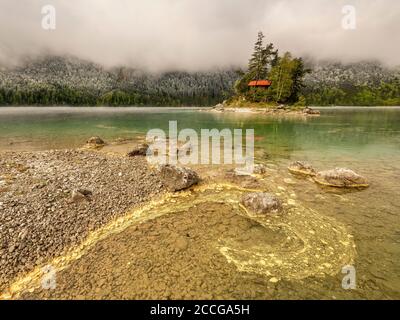 Gelber Pollen von Nadelbäumen driftet im Frühjahr am Ufer des Eibsee im Wettersteingebirge. Im Hintergrund eine kleine Insel mit einem Stockfoto