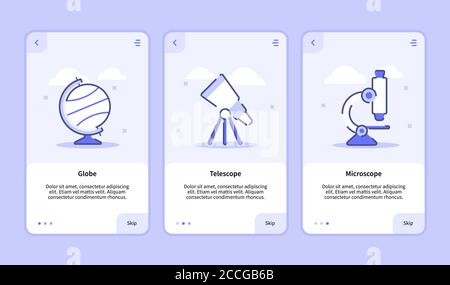 Globe Teleskop Mikroskop Onboarding Bildschirm für mobile Apps Vorlage Banner-Seite UI mit drei Variationen modernen flachen Umriss Stil. Stock Vektor