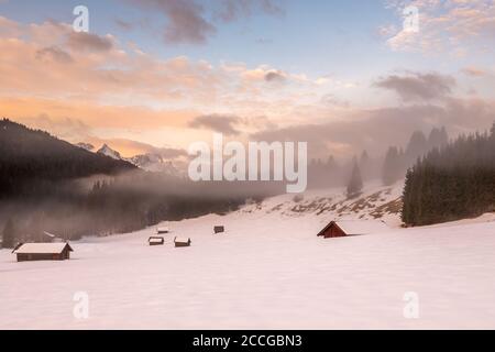 Heuhaufen im Schnee, bei Nebel und Sonnenaufgang Stockfoto