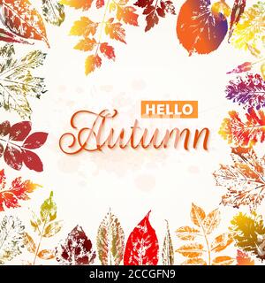 Hallo Herbst Natur Hintergrund mit bunten Blättern Abdrücke. Vektorgrafik Stock Vektor