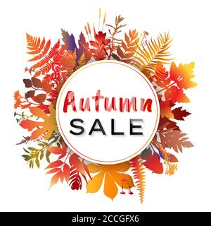 Herbst Verkauf Rahmen mit bunten Blättern und Pflanzen. Vektorgrafik Stock Vektor