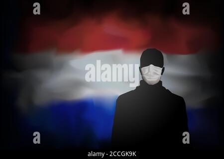 COVID-19 Coronavirus-Epidemie in den niederlanden. Silhouette des Mannes in medizinische Maske auf abstrakte Flagge niederlande Hintergrund. Bannerdesign-Konzept. Global Stock Vektor