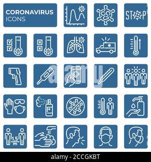Gefüllte Coronavirus-Symbole gesetzt. Zweite Welle von Coronavirus-Epidemien. COVID-19 Prävention und Schutz Block lineare Schildersammlung. Vektorsymbole Stock Vektor